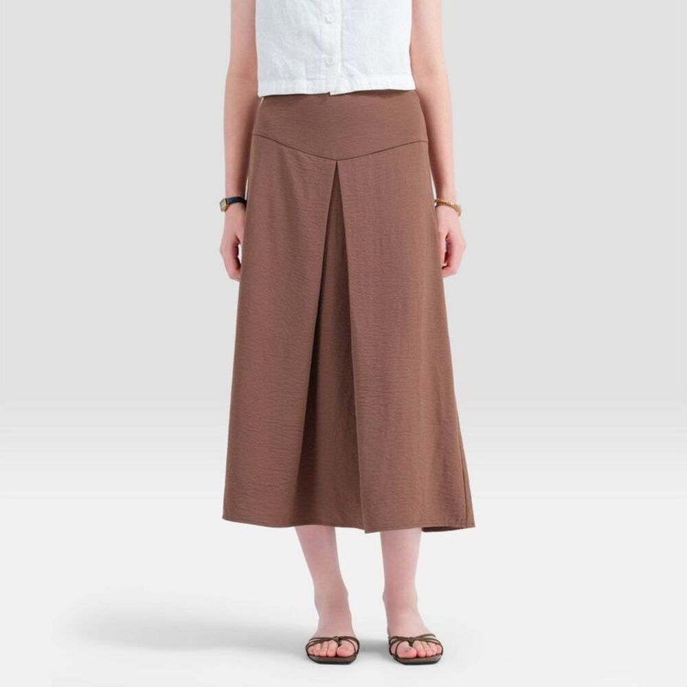 Women's High-Waist Front Pleated Midi A-Line Skirt - A New Day Brown 12
